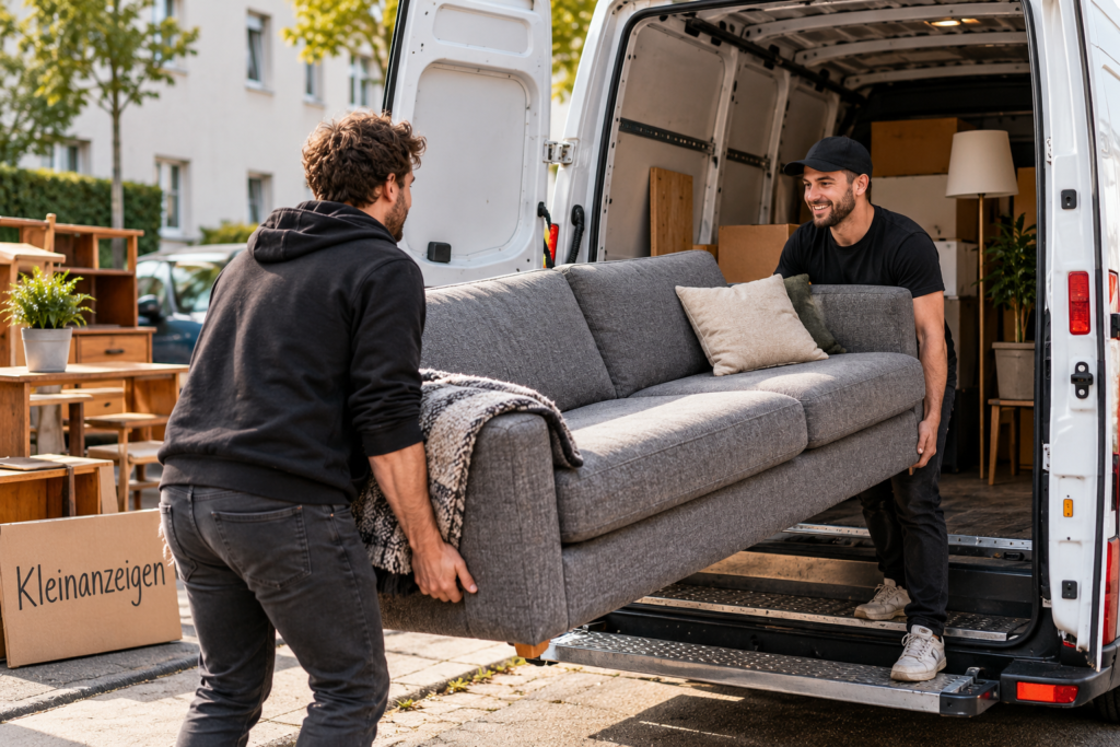 Zwei Personen laden ein gebrauchtes Sofa in einen Transporter für den Möbeltransport.